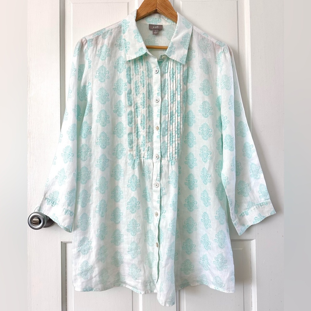 J. JILL Linen Damask Print Button Up Tunic Top Aqua Blue White Pintucked Size M